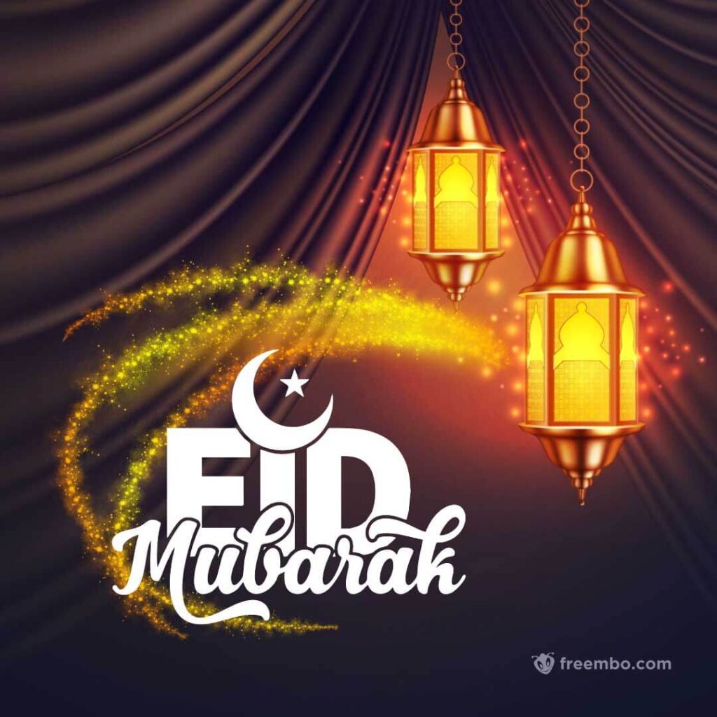 Eid Mubarak greeting stars and candle lanterns, muslim holiday poster. Islamic festival or bakrid, al-Adha or ul-Fitr, Iftar design with golden sparkle in background