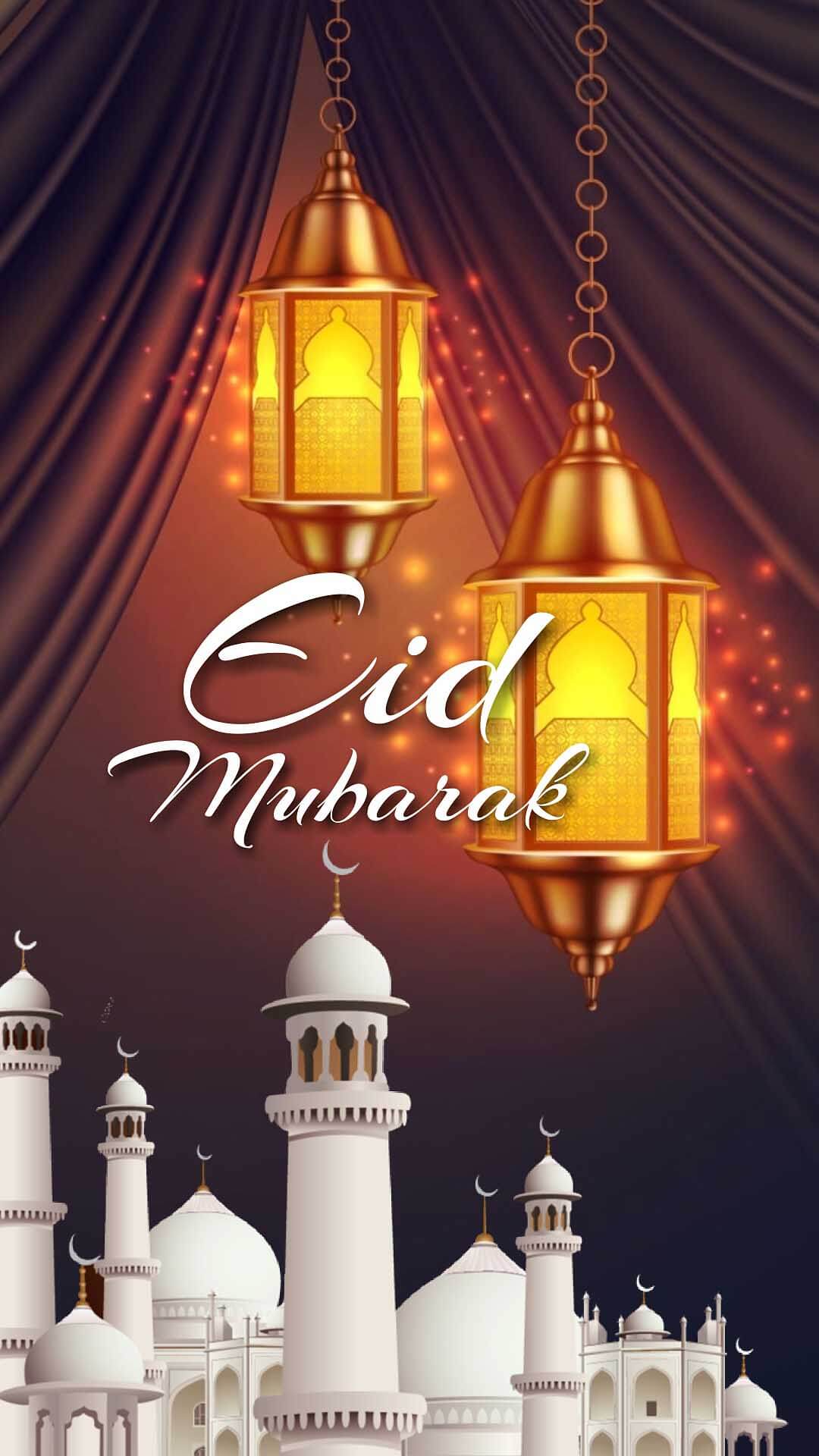Islamic greeting Eid Mubarak card design background with beautiful lanterns and mosque