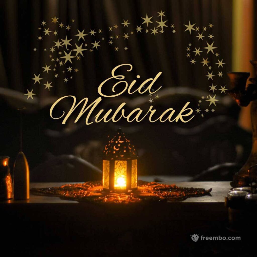 islamic greeting eid mubarak card design background with beautiful lanterns dark background with golden star