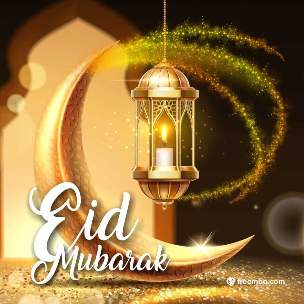 islamic greeting eid mubarak card design background with beautiful lanterns and crescent moon with golden sparkle
