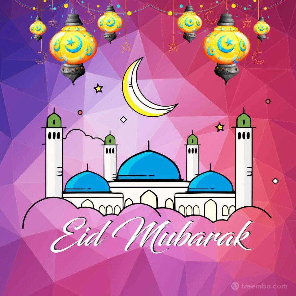Mosque muslim worship place with islamic ornament vector illustration with hanging light happy Eid