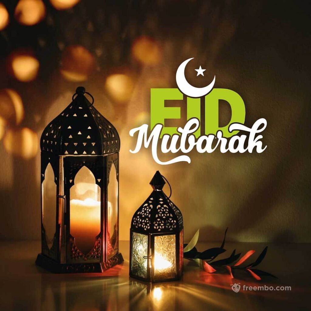 Eid Mubarak greeting background. Traditional Islamic style with golden lantern